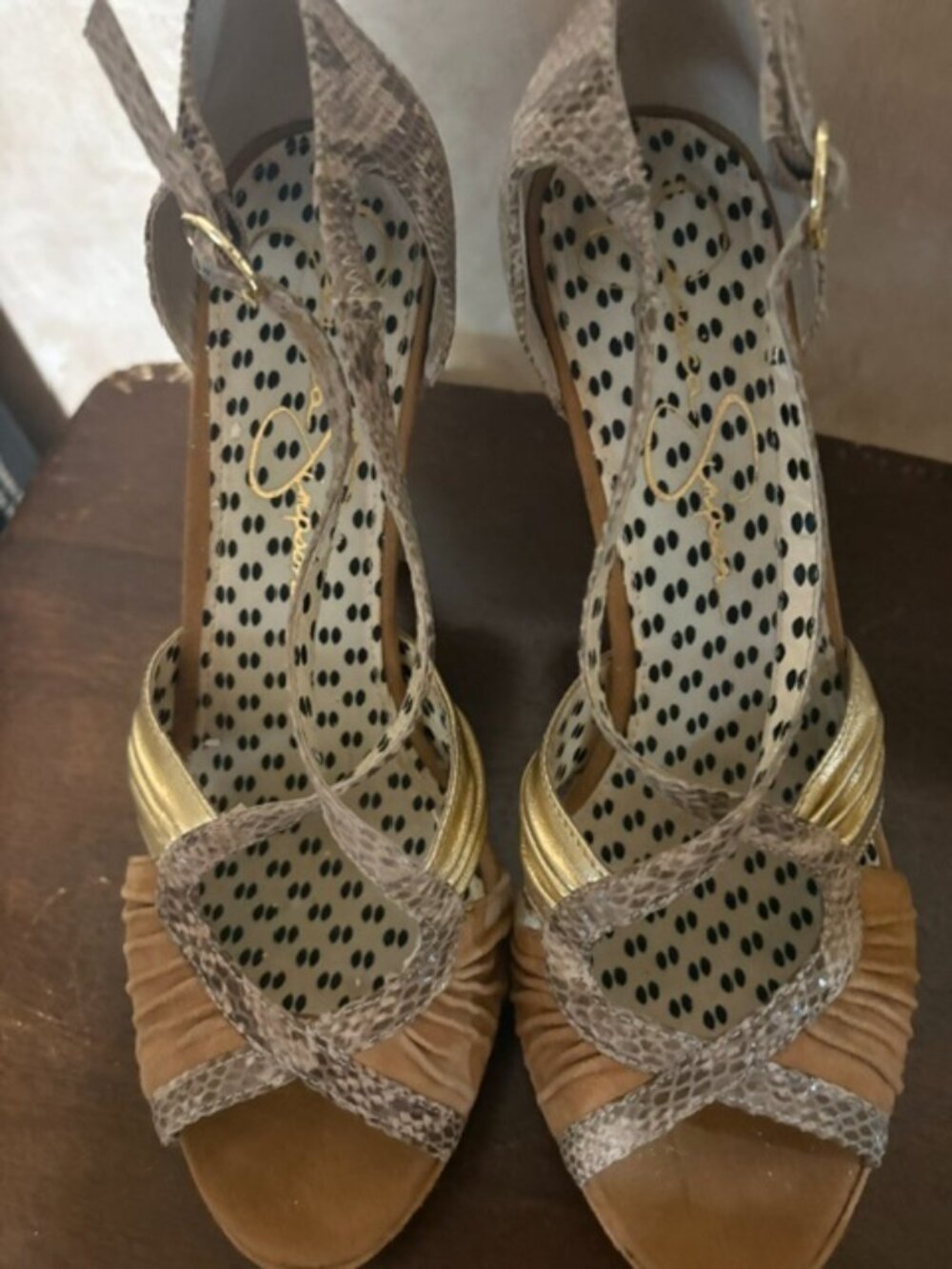 Jessica Simpson Snake Embossed Strappy Platform Heels Gold Tan Stiletto Sandals